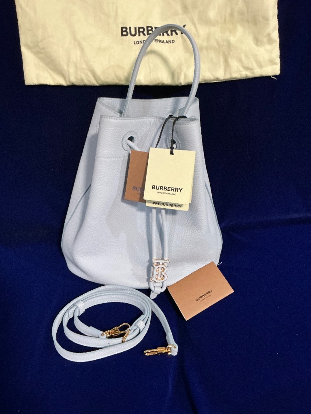 New Burberry small Drawstring Leather TB Bucket Bag pale blue